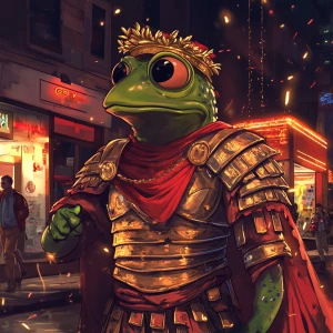 Pepe the Frog dressed as an ancient Roman emperor, wearing a gol...