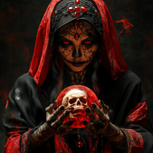 A reaper lady with a tattooed face and body. Skin with jewels an...
