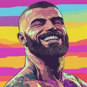 White muscular thin man with beard, big chin, smile and cheekbon...