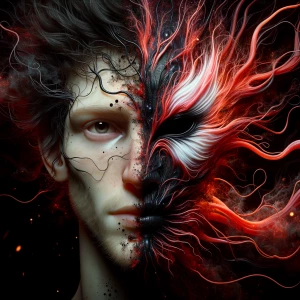 Make a portrait of the person, leaving half of the face intact,...