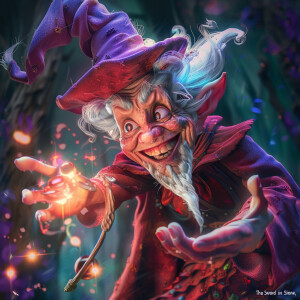 Photorealistic image, the crazy hag from the sword in the stone