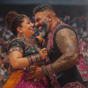 Hyperrealism oil painting.big guajarat stadium with people enjoy...