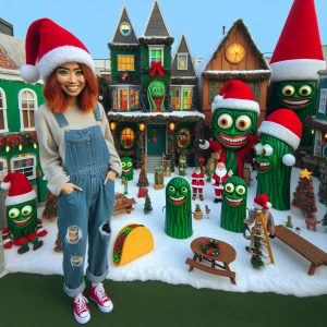 Photorealistic Whimsical Christmas scene A happy woman with shou...