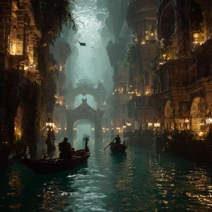 Venice reborn as a shadowed underwater empire, grand canals lit...