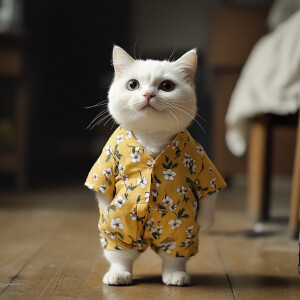 A white cat wearing a yellow floral patterned nightgown is stand...