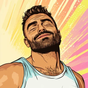 White muscular thin man with beard, big chin, smile and cheekbon...