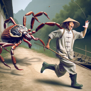 Китаец рыбак убегает от клеща