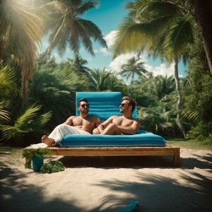 seemingly relaxing outdoors. One man is lying down on a blue sur...