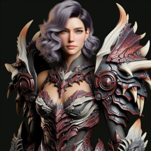 Dark skinned woman with silvery lilac wavy hair, blue eyes, reve...