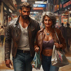 Photorealism,fantasy,a bodybuilder man ,walking with his 50 year...