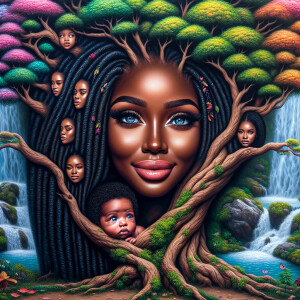 Create a close-up, hyper-realistic 3-D oil painting of a tree wi...
