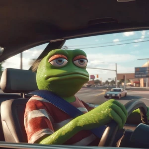 pepe meme driving a car. Use iconic GTA style.