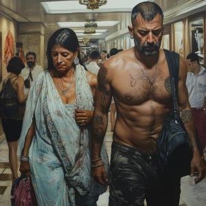 Photorealism,.A sweaty beefy man walking with his 54 year old ka...