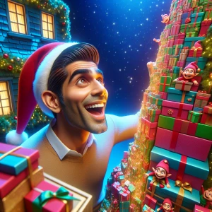 A man with neatly slicked-back flat brown hair dons a festive Sa...