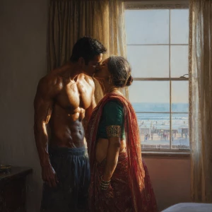 Create a hyperrealism painting of a muscular, sweaty Indian man...