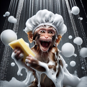 A singing happy cute [monkey] with a shower cap soaps itself wit...