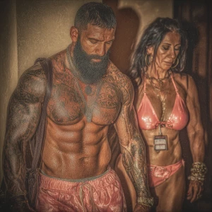 Hyperrealism,.a gujarati muscular beefy bearded tattoed sweaty s...