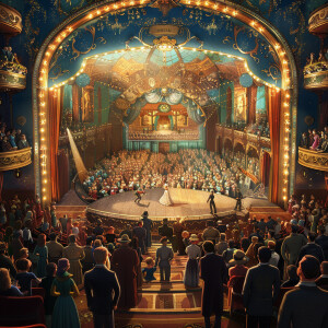 A vibrant scene unfolds in a 1920s theater, with the audience ca...