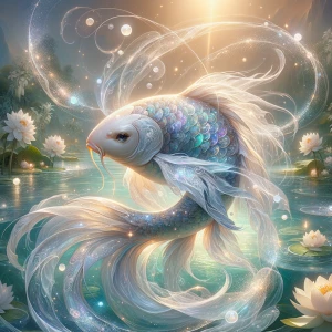 "Create a serene and ethereal depiction of a celestial koi fish,...