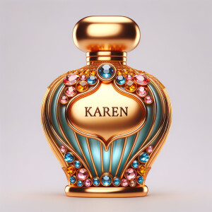 Create a 3-D realistic gold and blue, colorful jewels perfume b...