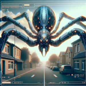 A high-angle surreal CCTV camera scene of a large spider creatur...