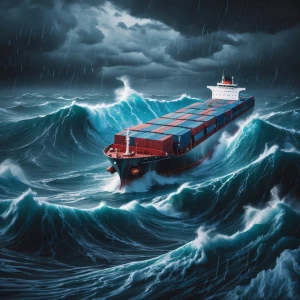 Surreal, dreamlike image: a massive cargo ship battling towering...
