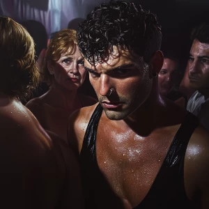 Photorealism,realism,,a muscular beefy sweaty man,entering in a...