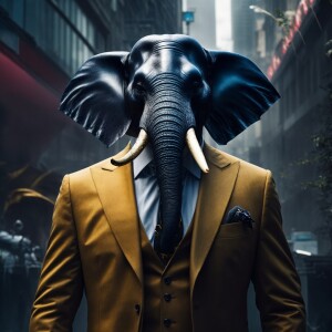 Create an image of an anthropomorphic elephant with a sleek, for...