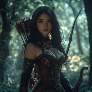 slender woman with long, flowing dark hair dressed in a detailed...