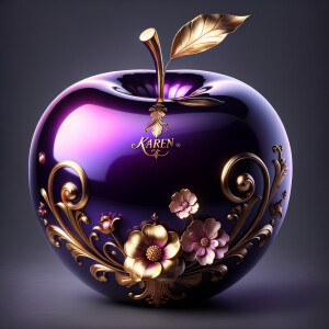 Envision a lustrous, oversized apple with a surface that gleams in a radiant shade of purple, as if lacquered to a high shine, reflecting light from its smooth, curvaceous form. The apple is adorned with elegant gold leaf patterns that swirl luxuriously around its contour, bringing a baroque opulence to its appearance. The stem, a bronzed sculpture in itself, supports a single leaf that seems to glow with an inner luminescence. At the apple’s base, a collection of flowers blooms, their petals softening the scene with organic shapes and colors that harmonize with the vibrant purple and gold. Incorporated into the metallic filigree in an artful script is the name "Karen," as if the apple were personally inscribed, enhancing the custom and bespoke quality of the piece.