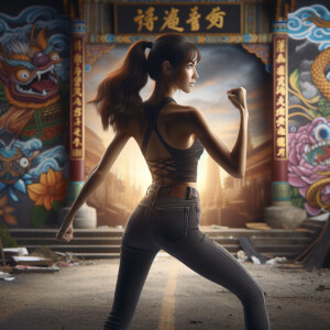 Athletic Thin skinny Attractive, Asian teenage girl, long brown hair and bangs, wearing tight skinny jeans and a halter top paint marks on her clothing, heroic pose Asian graffiti background, backside view