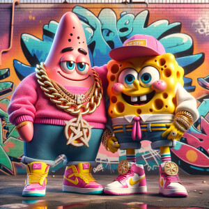Action painting hip hop Patrick Star and Sponge Bob wearing a ur...
