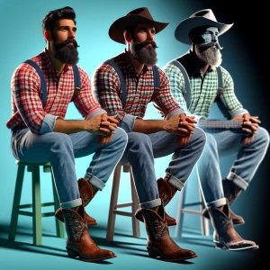 A man with a beard is sitting on a light blue stool. He is weari...