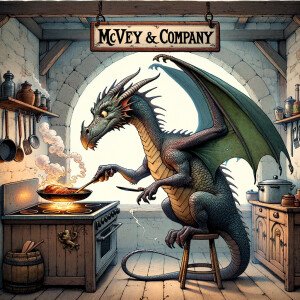 Create a dragon cooking in the kitchen.  The name above "Mcvey &...