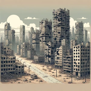 A vast, abandoned cityscape. Crumbling buildings fill the enviro...