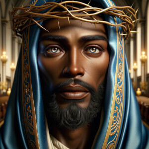 A hyper-realistic image of an African-American Jesus Christ, ser...