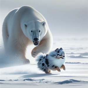 A polar bear chasing a blue Merle, pomeranian.
Across the desert