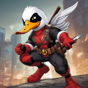 An anthropomorphic duck with white feathers dressed in a fitted...