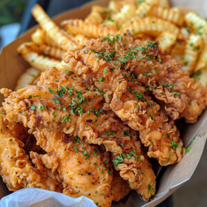 Generate an image of six pieces of crispy fried chicken tenders...