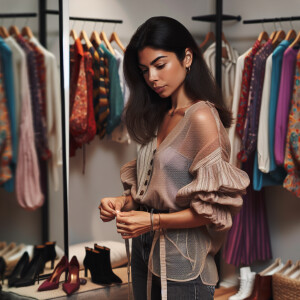 A Latina woman is in a changing room adjusting her outfit, while...