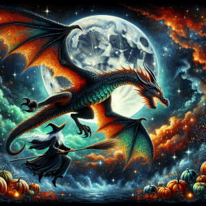 Halloween dragon flying in the night sky next to a witch flying...