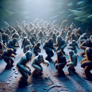 A gathering of 1,300 humanoid Sasquatches covered in hair, engag...
