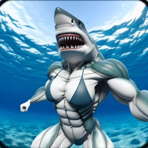 Full-body photograph of a muscular, shark-like woman, with an op...