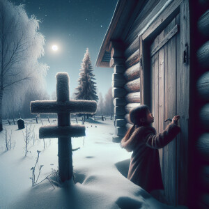 The girl opens the door of the house, looks at the grave in the...