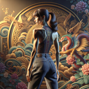 Athletic Thin skinny Attractive, Asian teenage girl, long brown hair and bangs, wearing tight skinny jeans and a halter top paint marks on her clothing, heroic pose Asian graffiti background, backside view