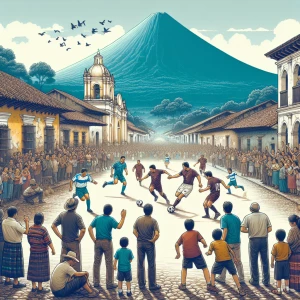 antigua, guatamala have people playing a soccer game on the cobb...