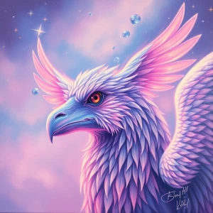 In a dreamlike haze, a mesmerizing vaporwave-inspired griffin ga...