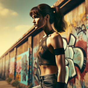 Athletic Thin skinny Attractive, Asian teenage girl, long brown hair and bangs, wearing tight skinny jeans and a halter top paint marks on her clothing, heroic pose Asian graffiti background, side view