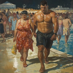 Fantasy painting,a muscular beefy sweaty man walking with his 51...
