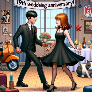 ‘Happy 19th Anniversary!’ Written
A 60s mod vibe with a tan male...